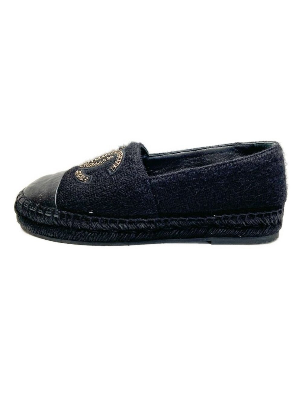 Chanel Slip-on 37 Black CC Logo Chain Espadrilles Lambskin